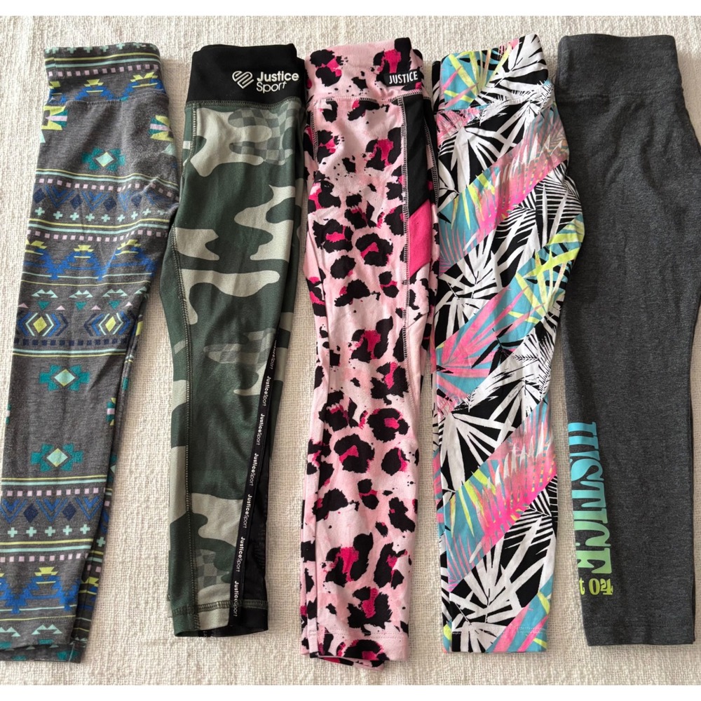 Justice Girls Leggings Lot of 5 Size XS 5/6 Camo Leopard Aztec Tropical Grey